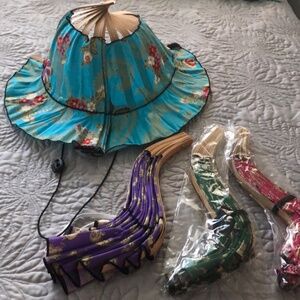 Lot of 4 Indonesian/Asian Bamboo Folding Hats New  Blue Purple Red and Green